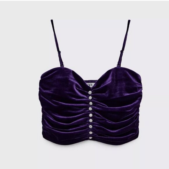 Zara Purple Velvet Ruched Crop Top with Spaghetti Straps - Size Small NWT - Picture 7 of 9